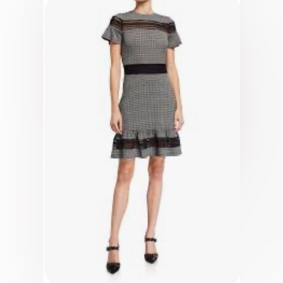 Michael Kors Black White Short Bell Sleeve Lace Houndstooth Ruffle Midi Dress - Picture 1 of 11